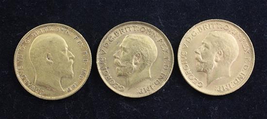 An Edward VII gold sovereign, 1906, & 2 GV sovereigns